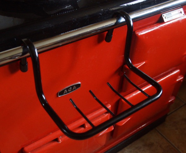 Tea Towel Holder in black, on an AGA range cooker